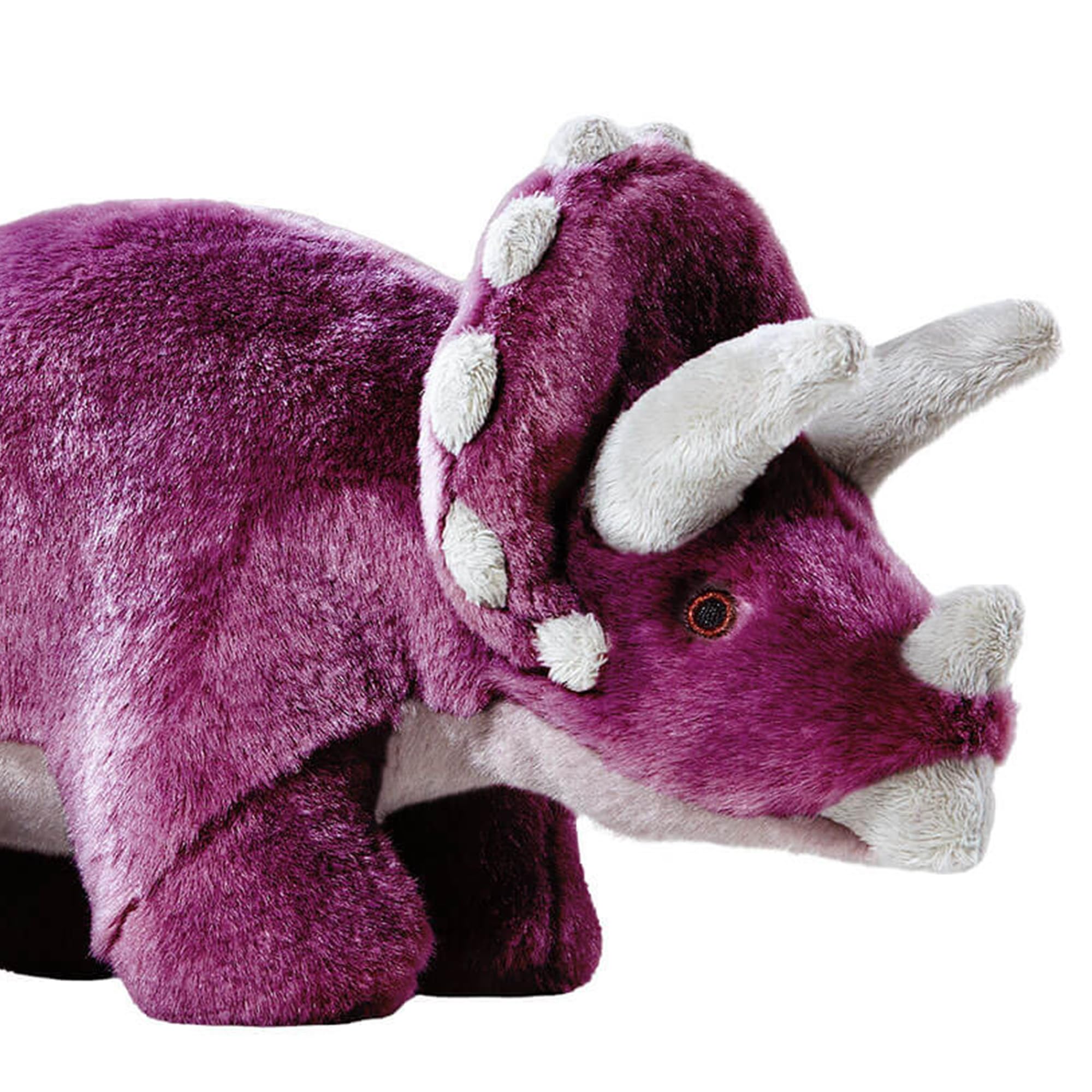 Fluff & Tuff Charlie Triceratops plush dog toy closeup fabric highlights durable seams.