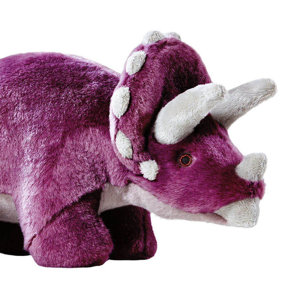 Fluff & Tuff Charlie Triceratops plush dog toy closeup fabric highlights durable seams.
