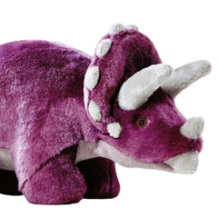 Fluff & Tuff Charlie Triceratops plush dog toy closeup fabric highlights durable seams.