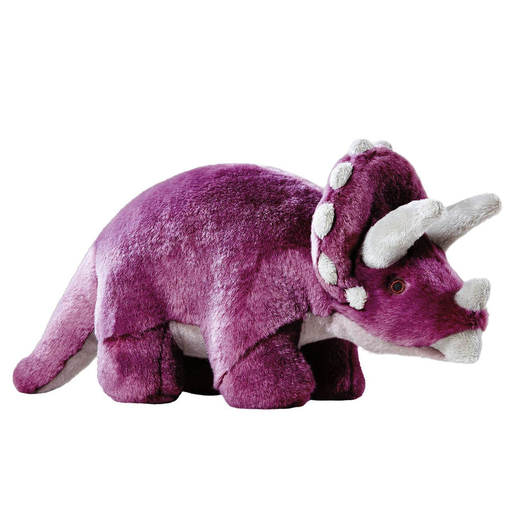 Fluff & Tuff Charlie Triceratops plush dog toy side view supports vigorous chewing and grip.