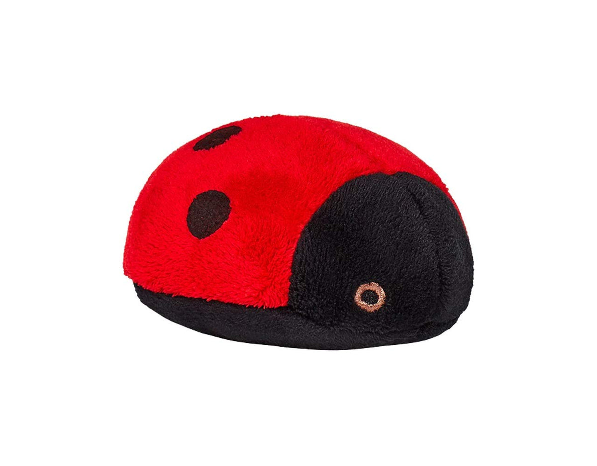 Fluff & Tuff Lady Bug toy side view highlights durable plush for interactive fetch and cozy naps.