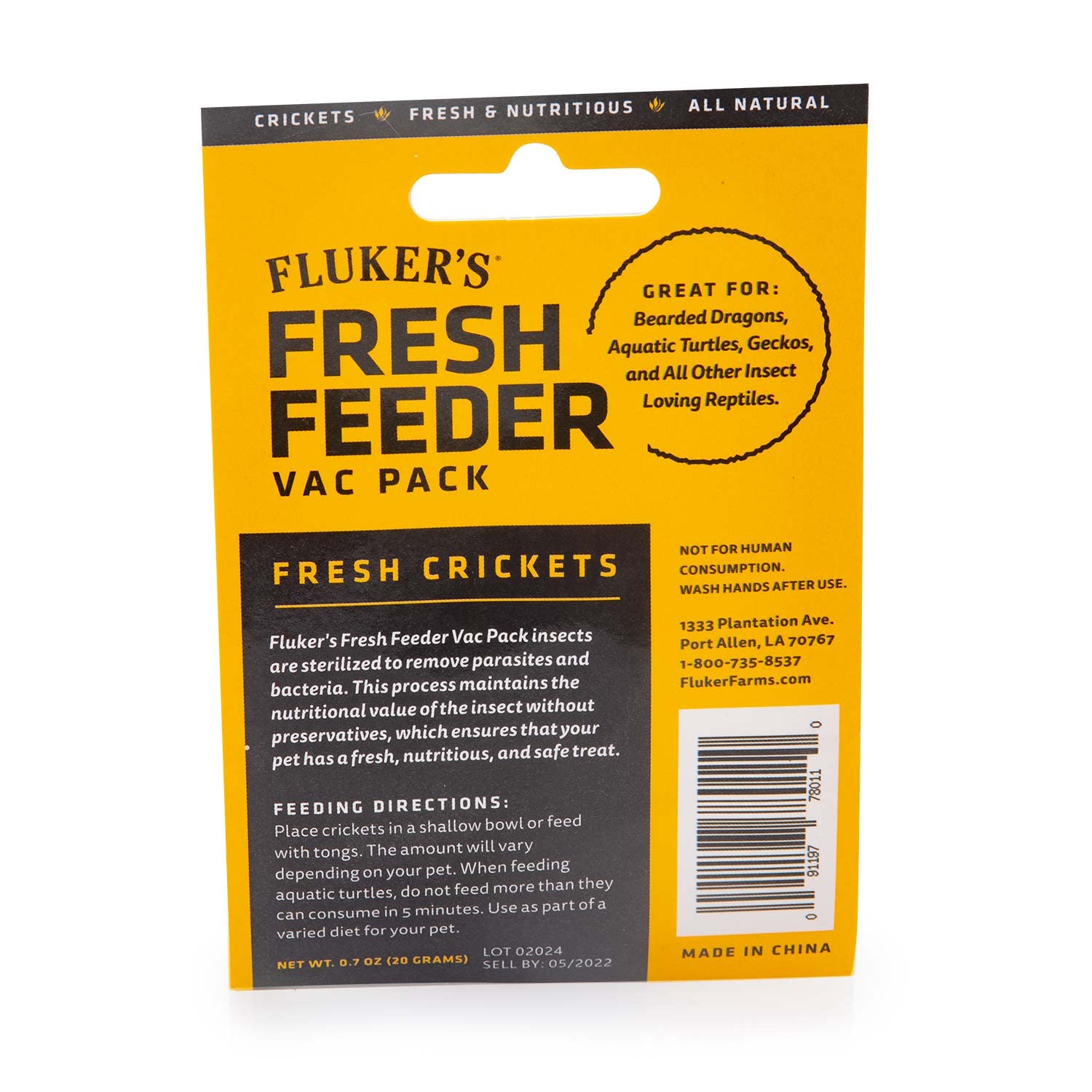 Fluker's Fresh Feeder Crickets Vac Pack 0.7 oz portion ready to serve.