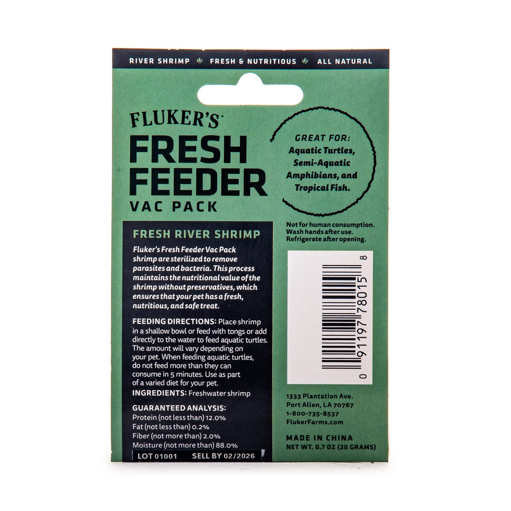 Fluker's Fresh Feeder Shrimp in vacuum-sealed bag preserves freshness for easy feeding.