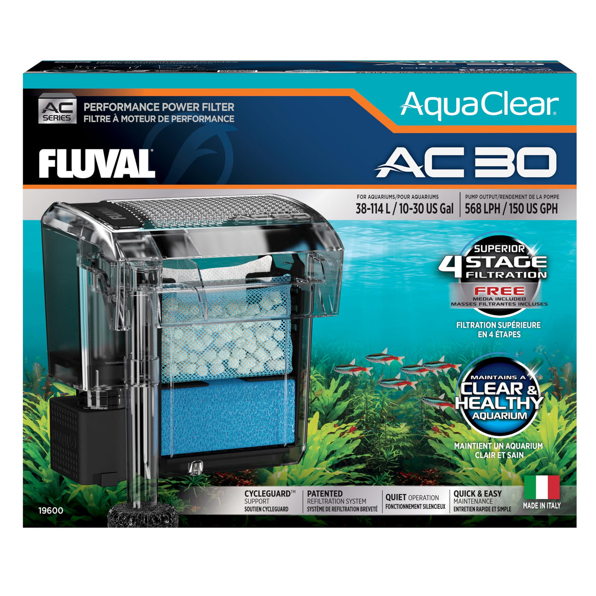 Fluval AC30 power filter front view improves tank clarity and fish health.