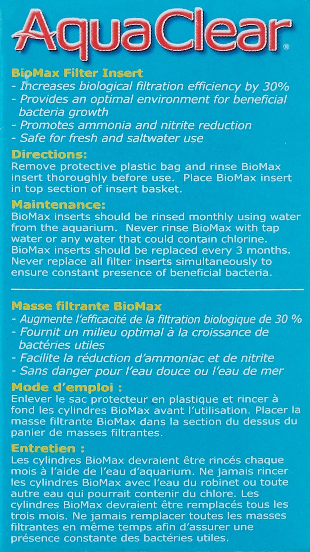 Fluval AquaClear BioMax insert supports beneficial bacteria for stable biological filtration.