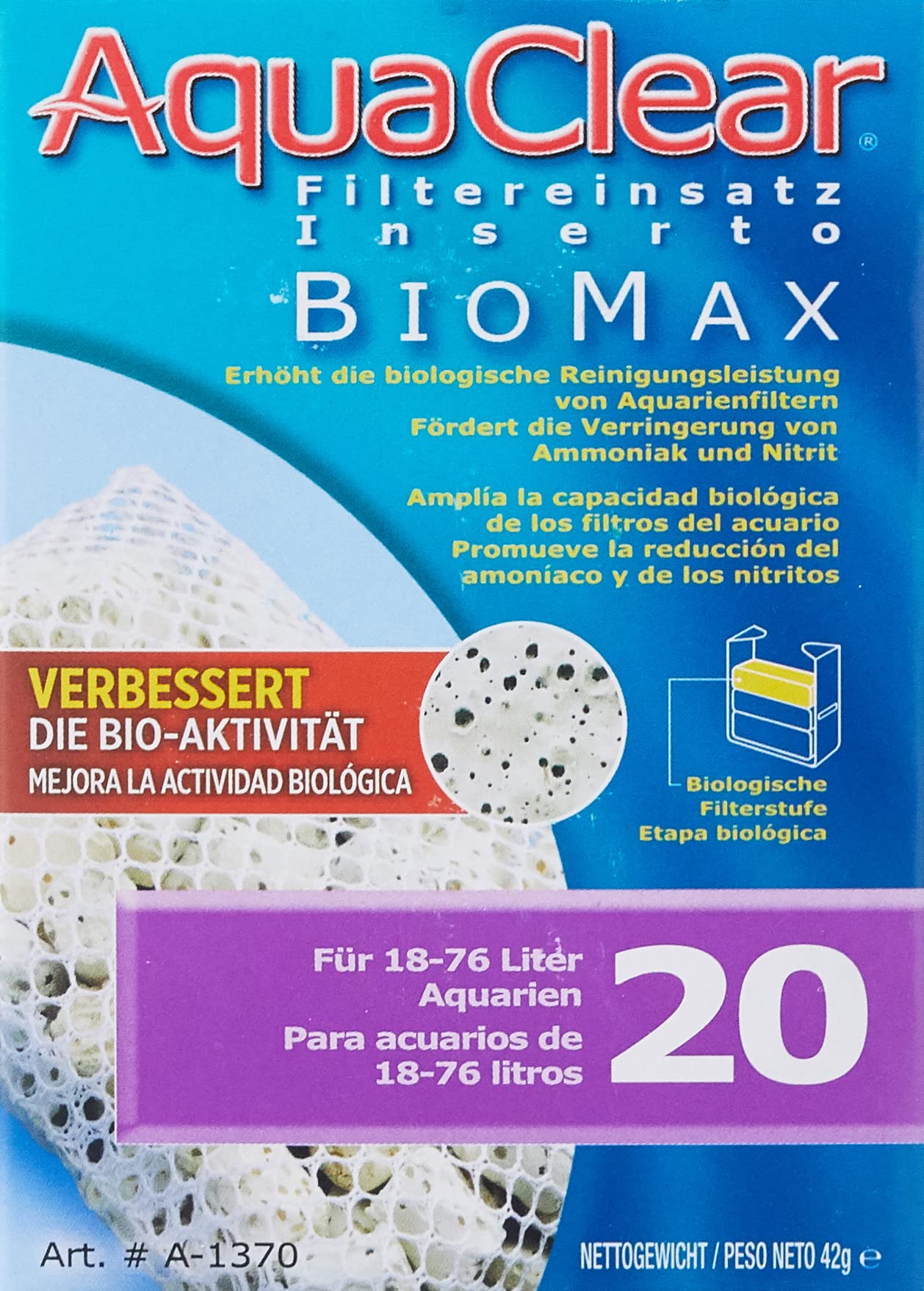 Fluval AquaClear 20 foam filter insert improves debris removal and even water distribution.