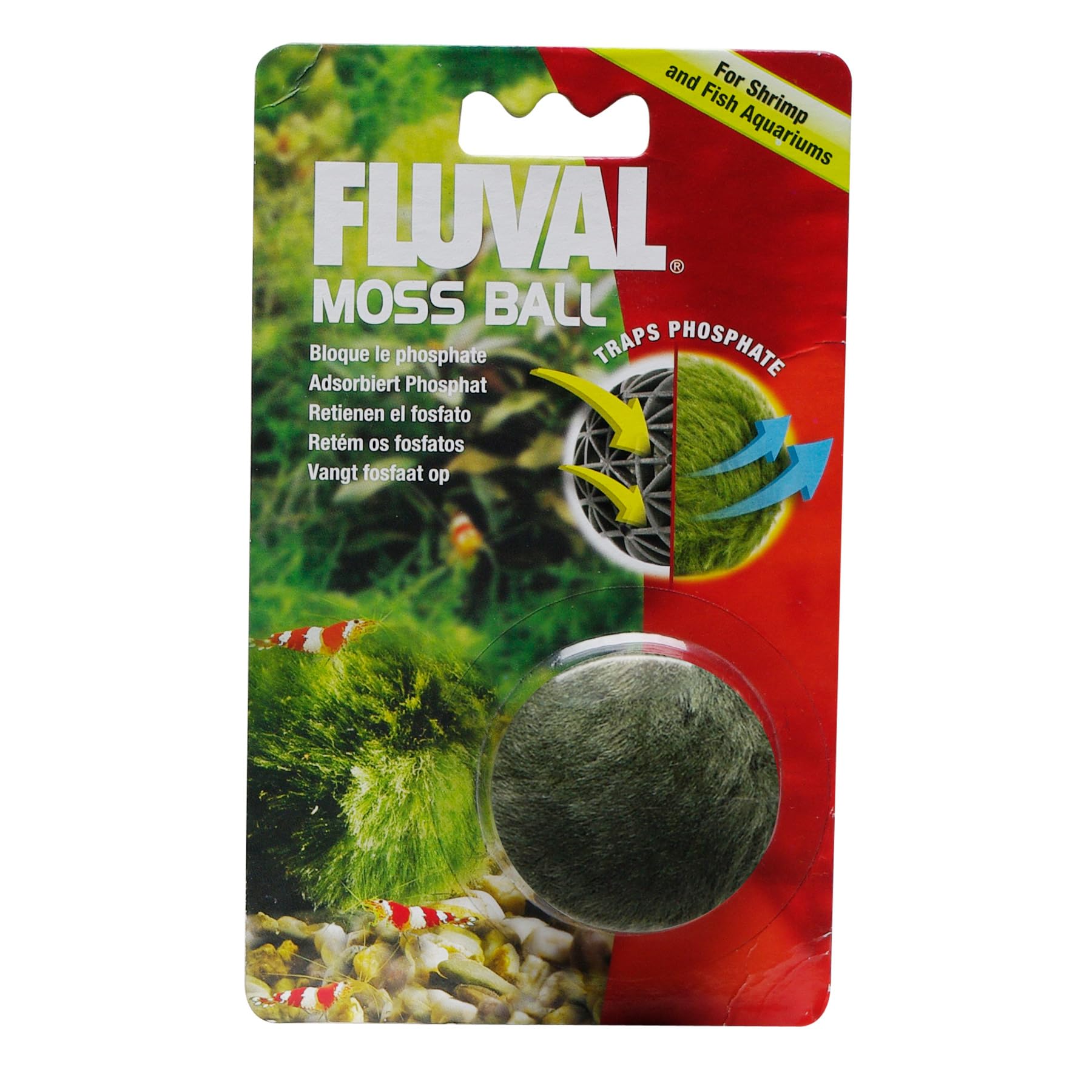 Fluval Articifical Moss Ball view shows decorative moss with phosphate-trapping benefits.