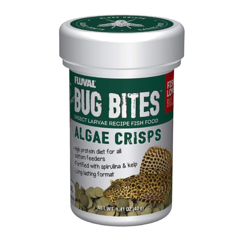 Fluval Bug Bites Algae Crisps pack shot shows compact sinking food for bottom feeders.
