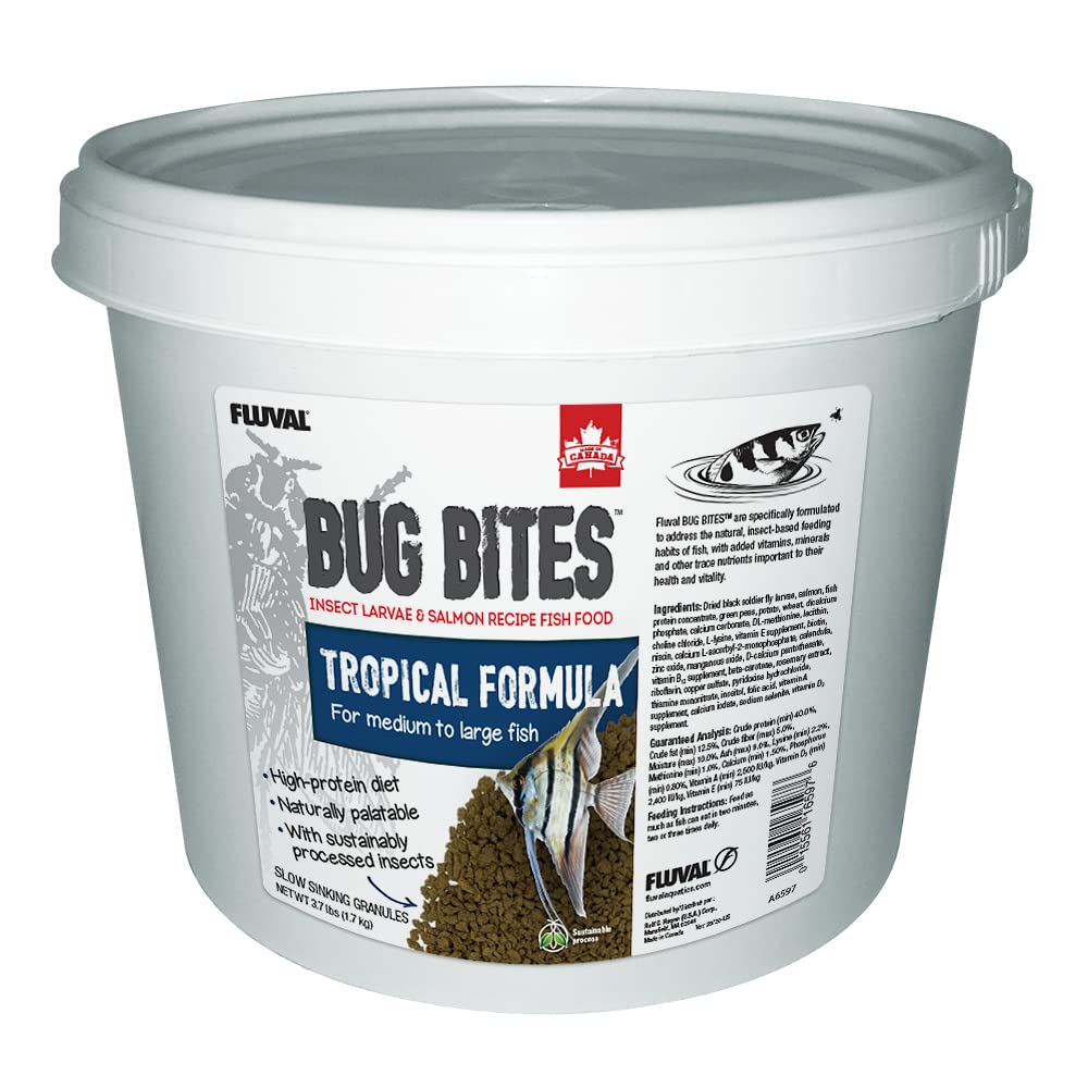 Fluval Bug Bites large granules bottle promotes balanced nutrition for tropical fish.