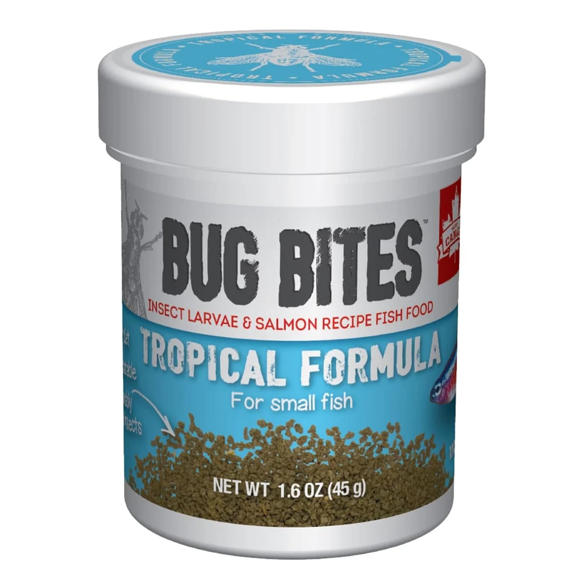 Fluval Bug Bites tropical fish food showing BSFL larvae as first ingredient for nutrition