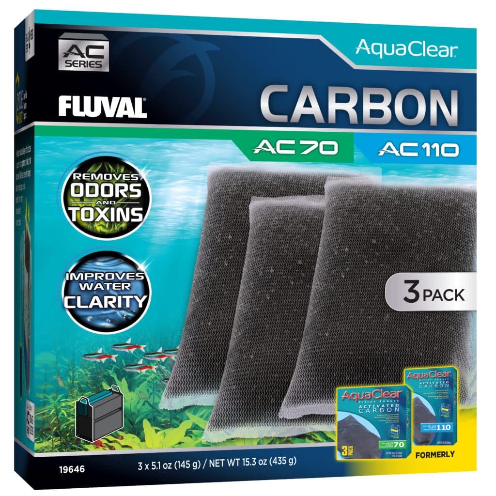 Fluval carbon for AC70/AC110 3-pack packaging shows ready-to-use filter media for clearer water.