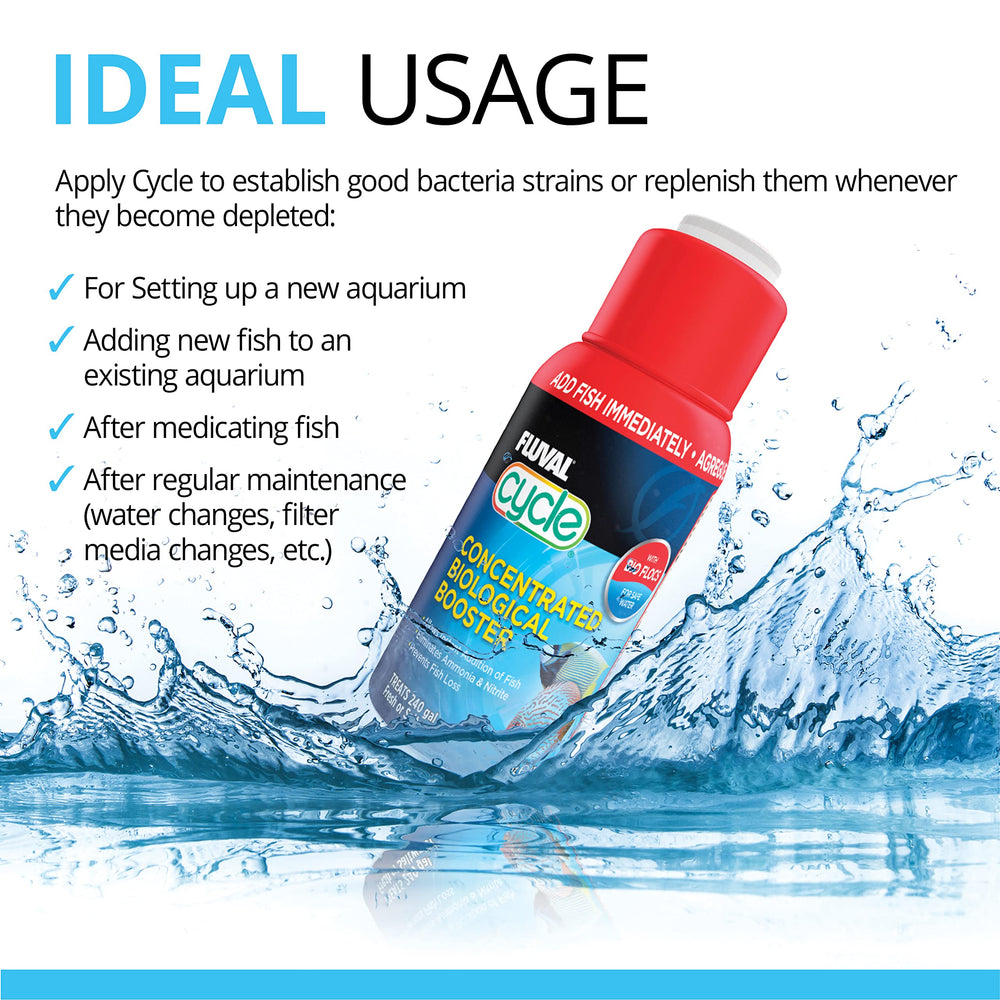Fluval Cycle bottle pouring into aquarium water to start beneficial bacteria
