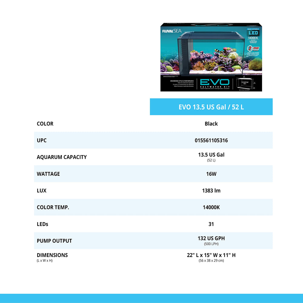 Fluval Evo XII compact dimensions show 22 x 11.5 x 15 inches for space-saving reef setups.