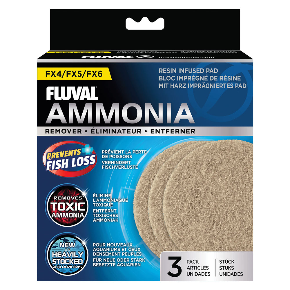 Fluval FX4/FX6 ammonia remover pad packaging demonstrates 3-pack convenience for ongoing filtration.