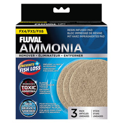Fluval FX4/FX6 ammonia remover pad packaging demonstrates 3-pack convenience for ongoing filtration.