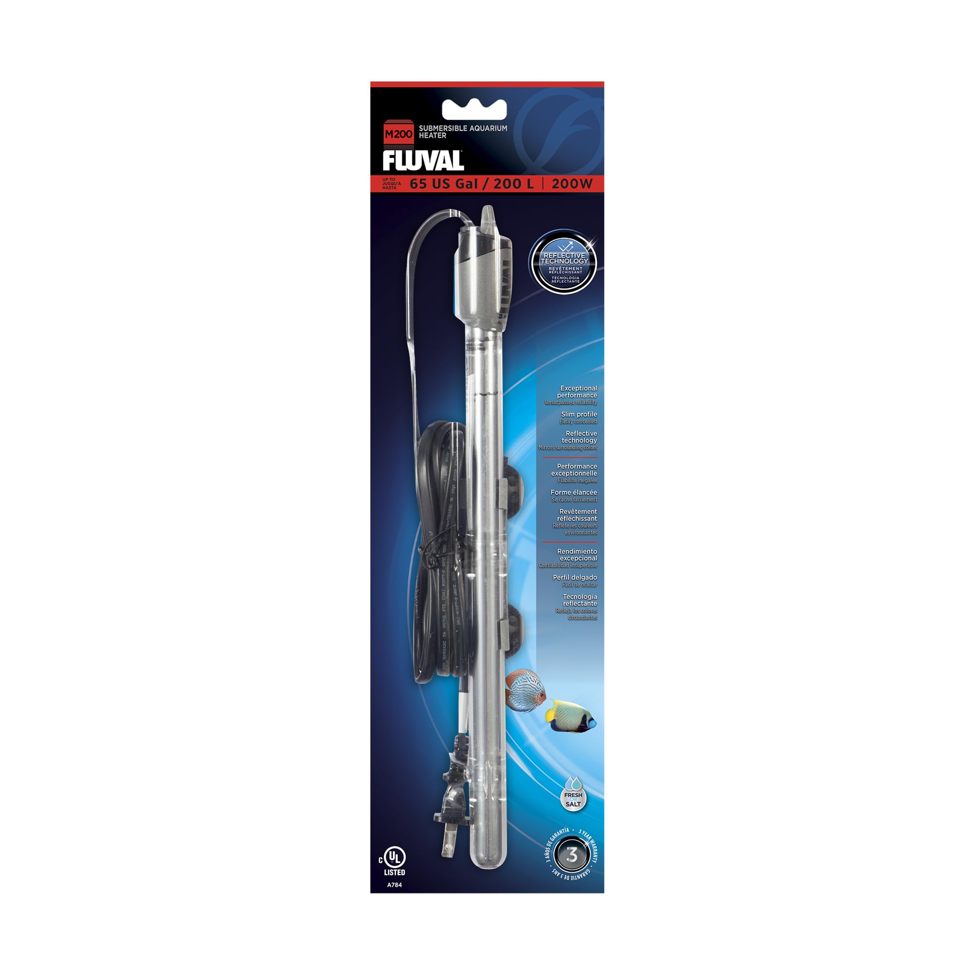 Fluval M200-watt heater front view highlighting compact design for neat, reliable tank warming
