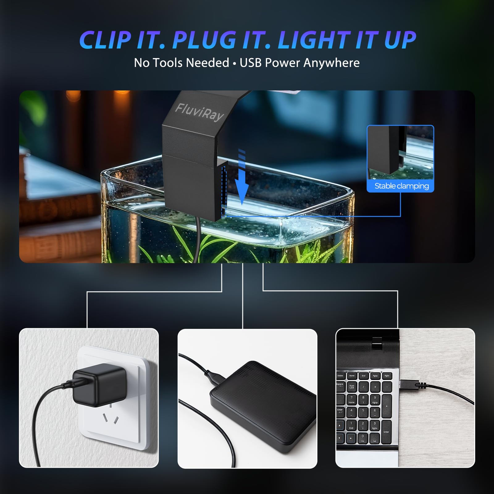 FluviRay 9-level dimming lets you dial in mood and brightness for any tank scene.