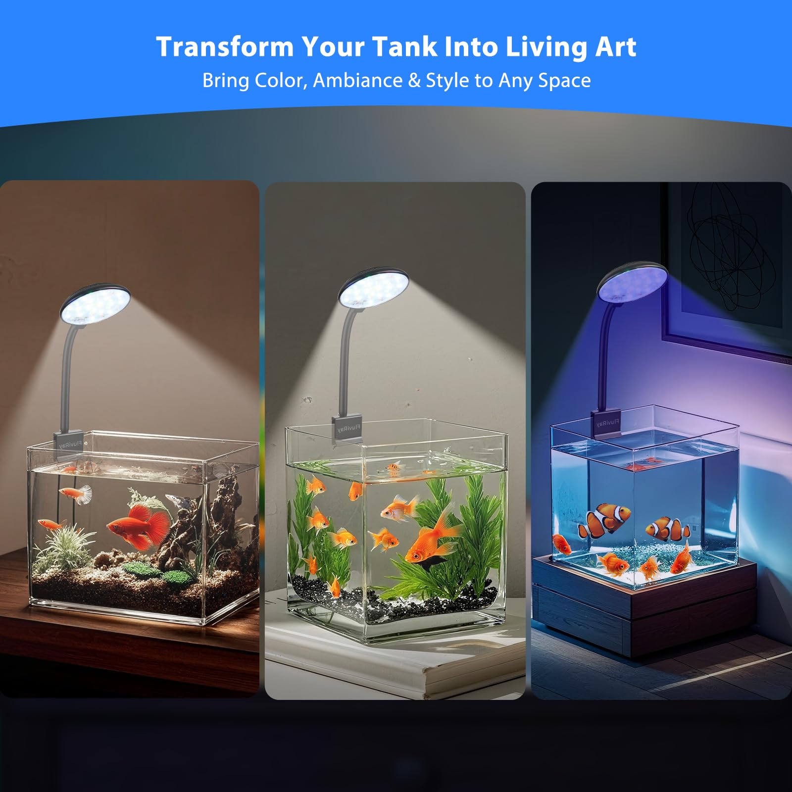 FluviRay compact nano design fits 1–3 gallon tanks discreetly.