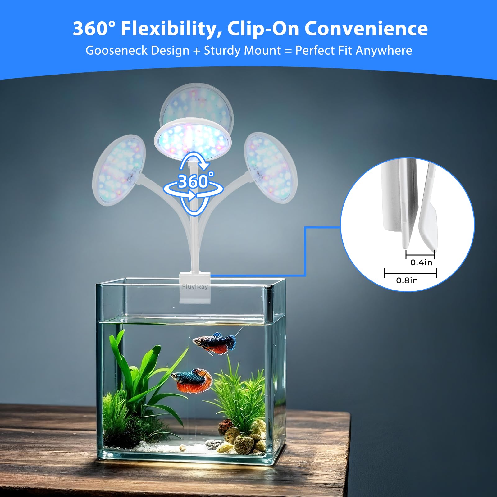 FluviRay Mini Clip-On Light with 9-level dimming for flexible brightness.