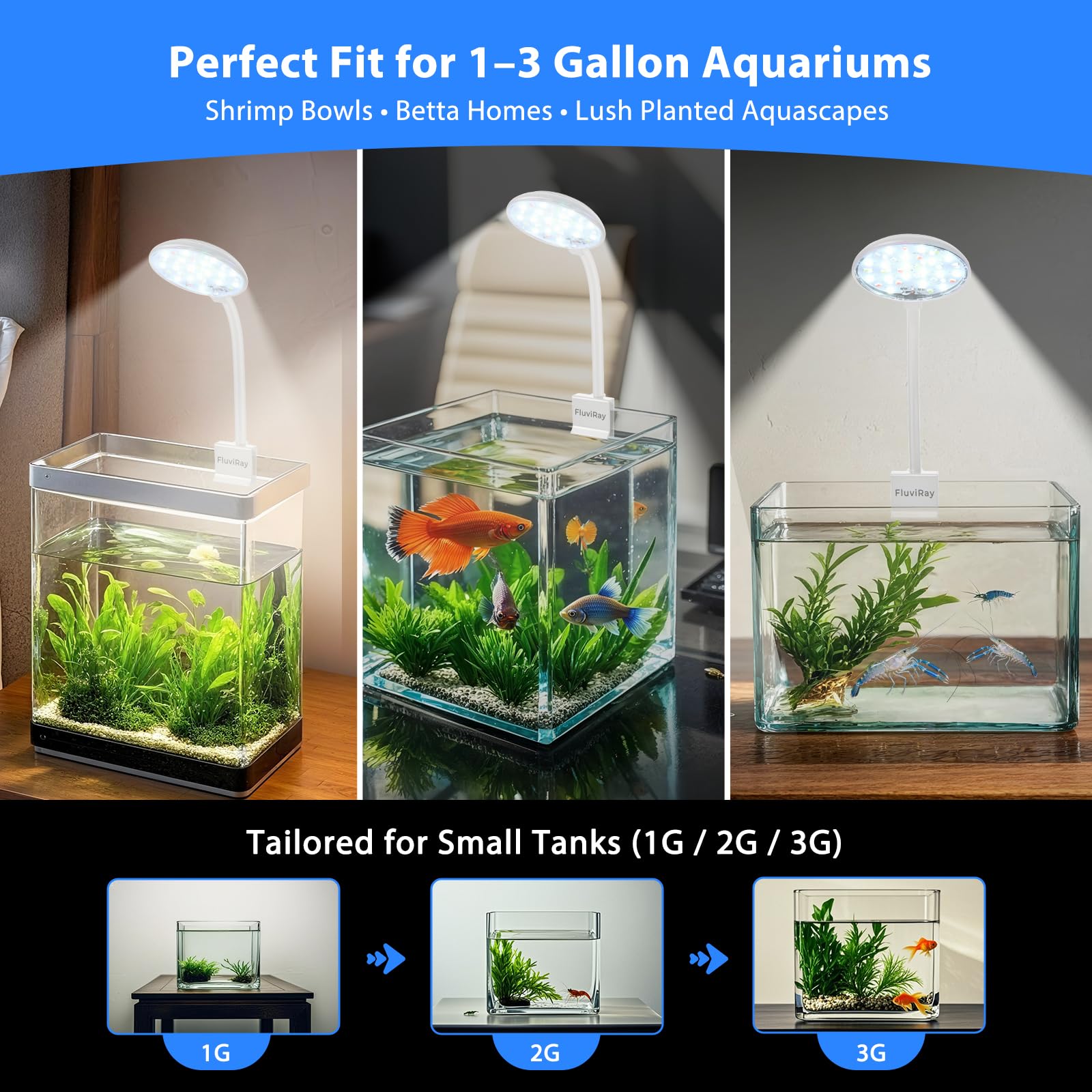 FluviRay Mini Clip-On Light demonstrates three modes for plants, daylight, and color.