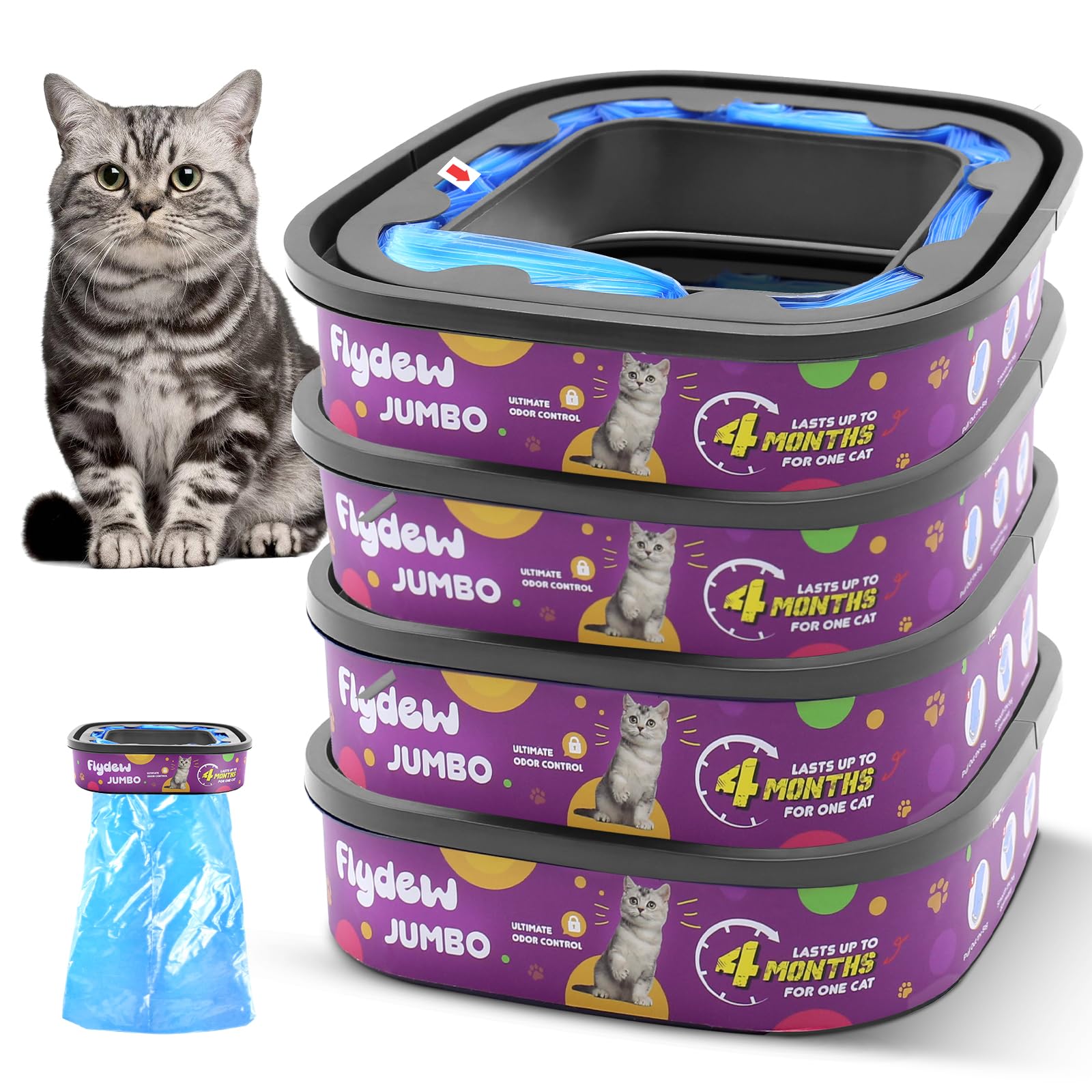 Flydew Cat Genie refill packaging highlights durability and long-lasting value