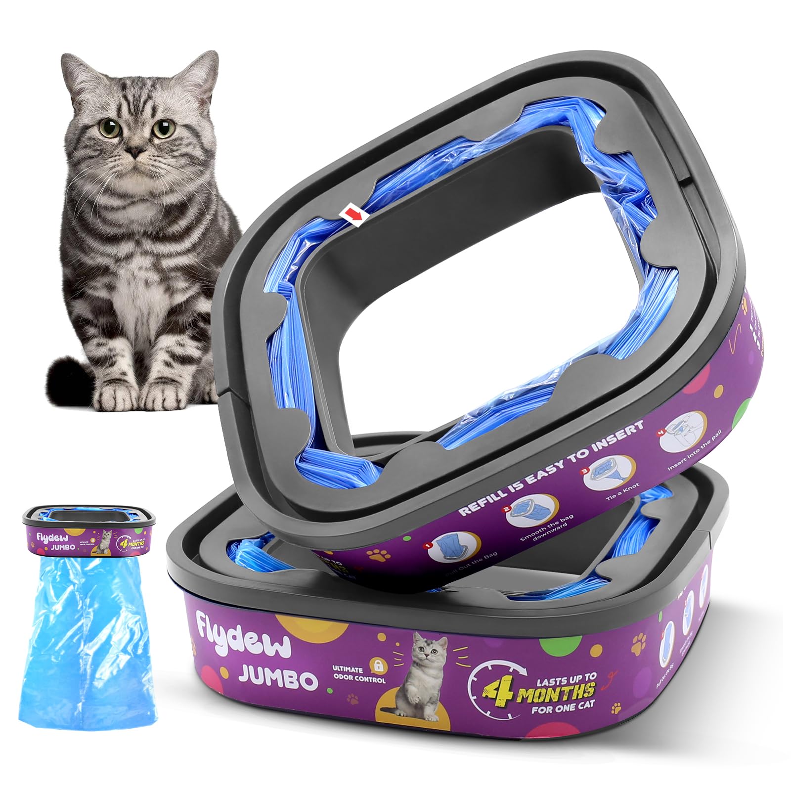 Flydew cat genie refill bags 2-pack ready for long-lasting odor control.