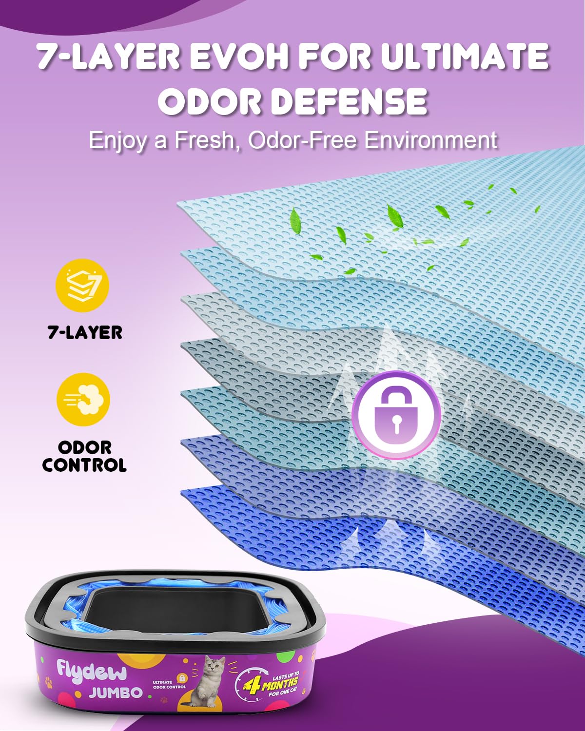 Flydew evoh odor barrier refill reduces litter smells in the space.