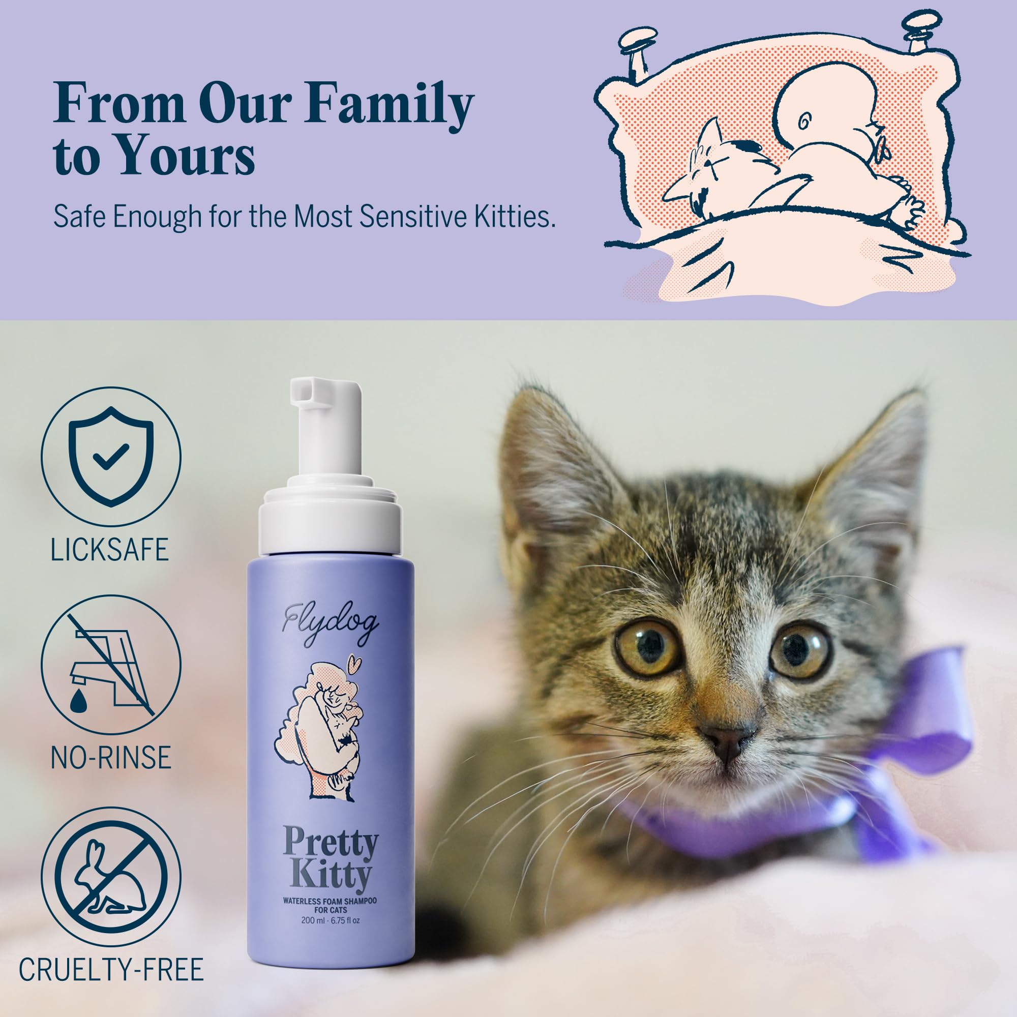 Flydog Pretty Kitty soap-free spray foam offers quick grooming at home or travel.