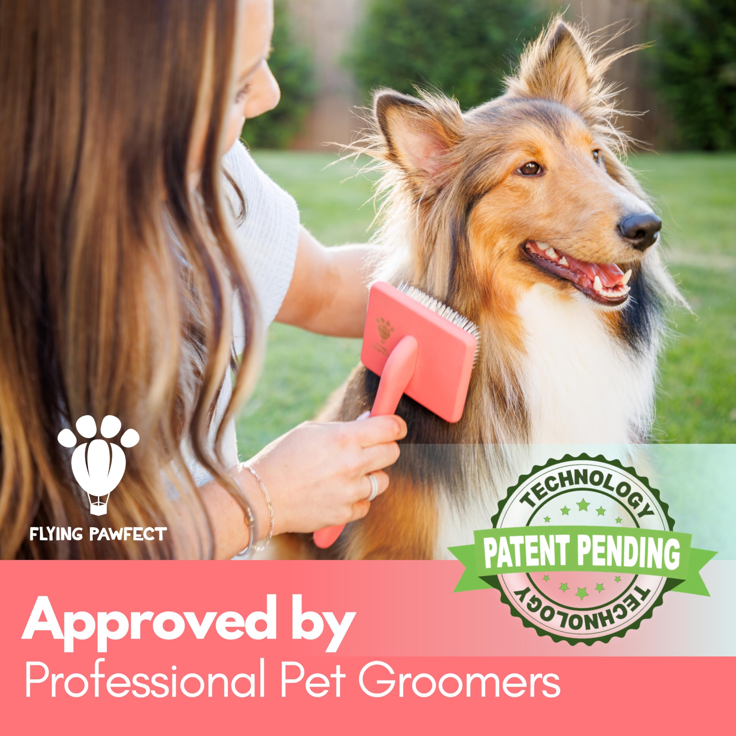 Flying Pawfect slicker brush soft pins closeup coral gentle detangling for pets