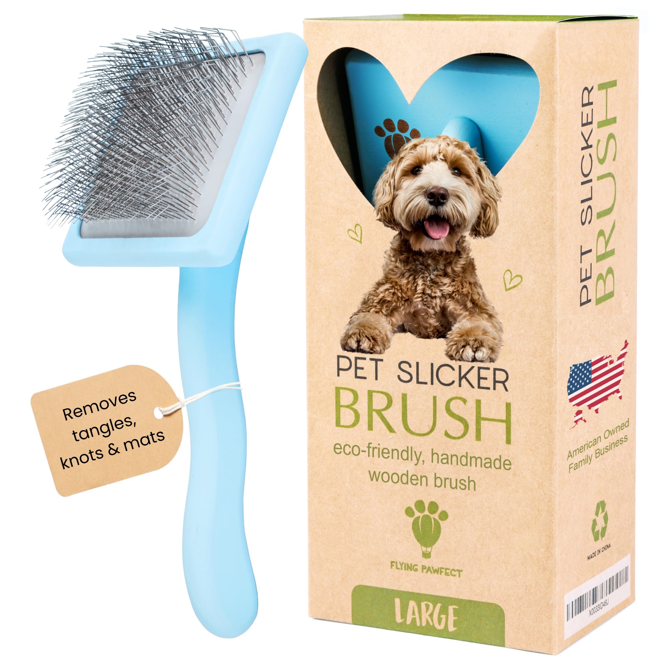 Flying Pawfect slicker brush soft-pins for gentle coat detangling and hair removal