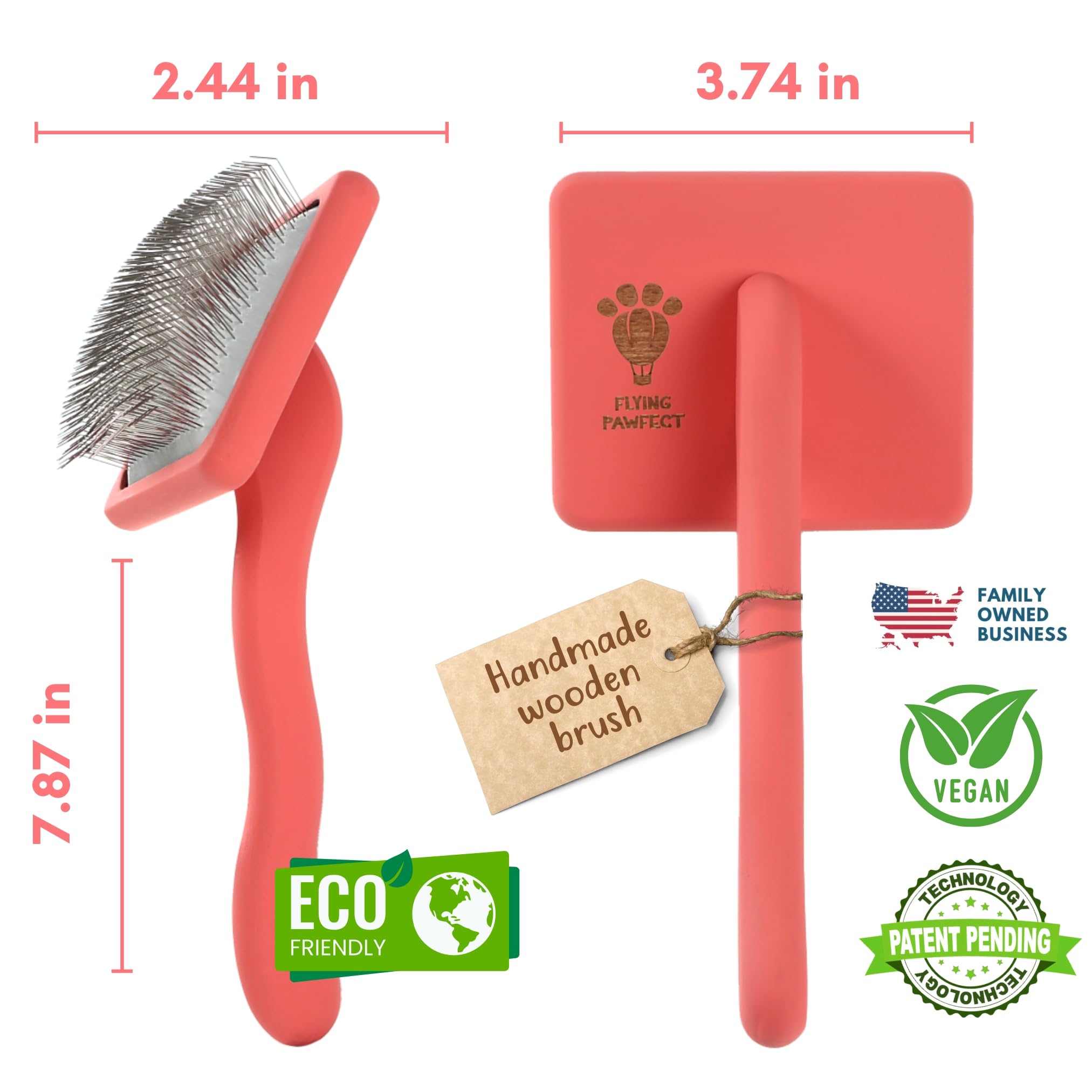 Flying Pawfect wet-dry-use brush works on damp or dry fur coral