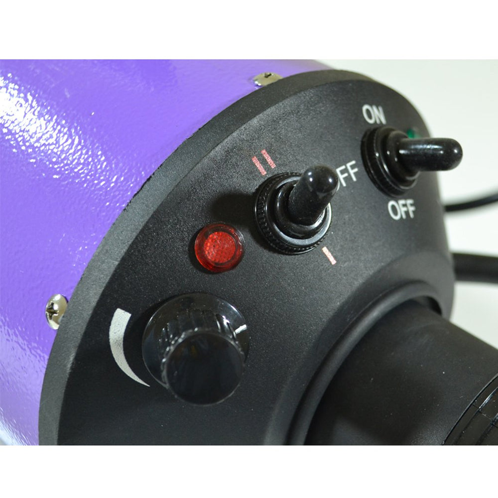 Flying Pig Grooming dryer steel-shell closeup emphasizes rugged construction for daily professional use.