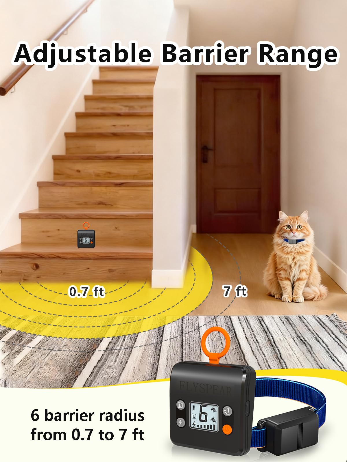 FLYSPEAR barrier cat collar worn demonstrates comfortable fit for small pets in real rooms.