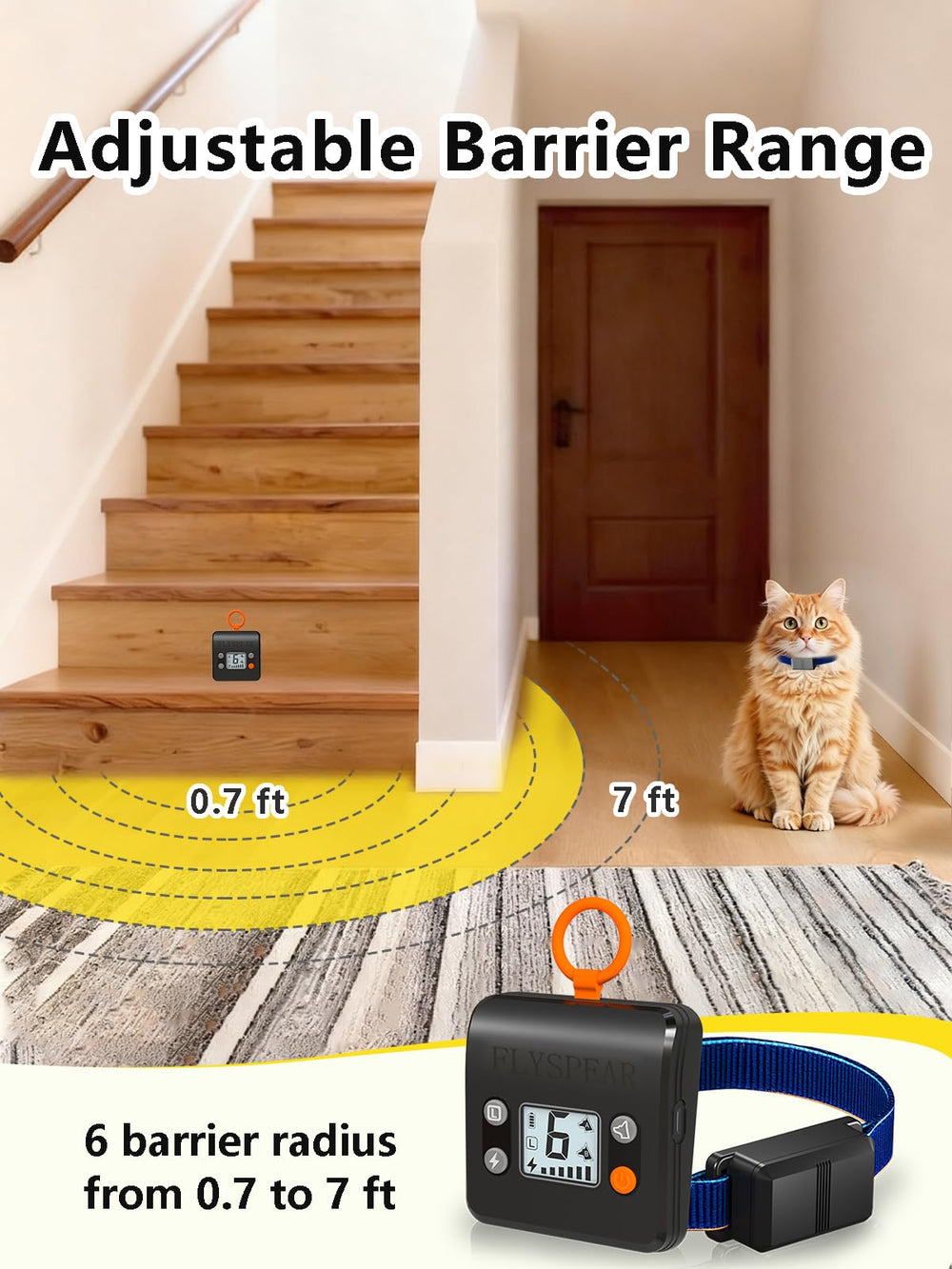 FLYSPEAR barrier cat collar worn demonstrates comfortable fit for small pets in real rooms.