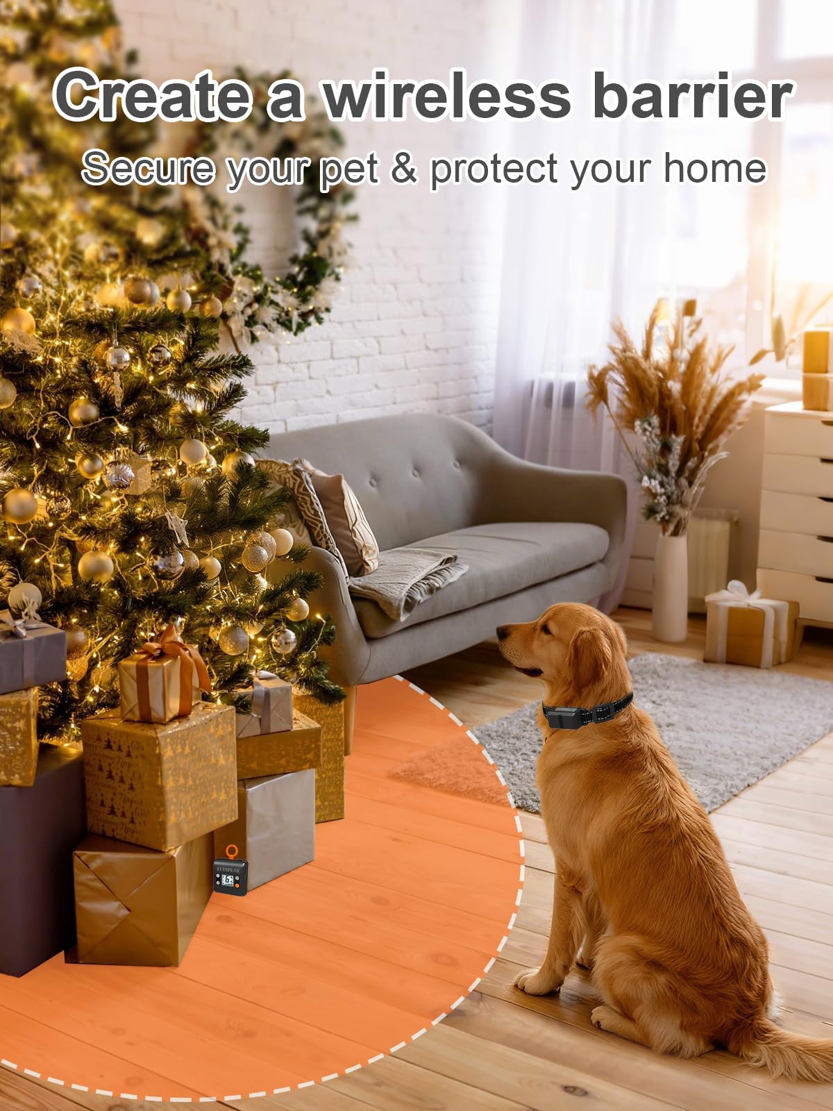 Flyspear indoor pet fence setup shows flexible placement for everyday room use.
