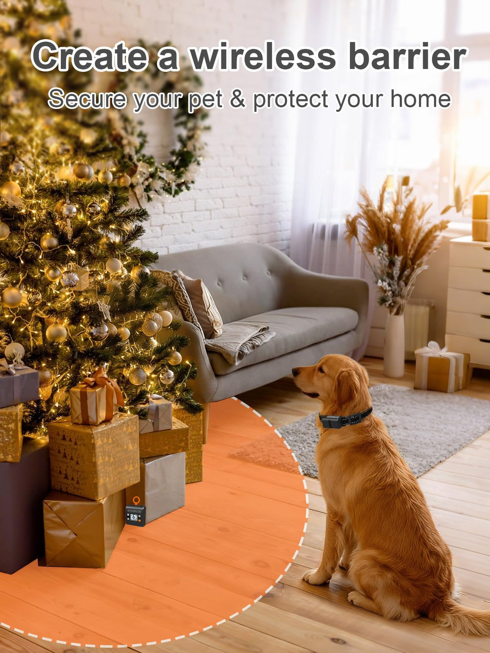 Flyspear indoor pet fence setup shows flexible placement for everyday room use.