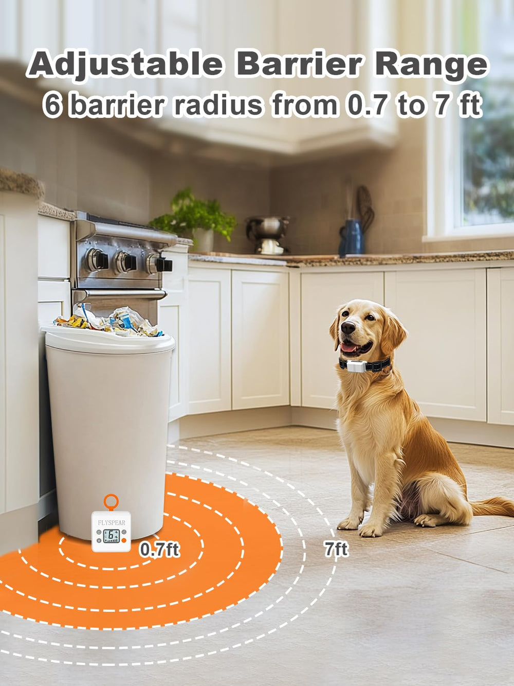 FLYSPEAR range-adjustment visual showing 0.7 to 7 ft radius for spaces