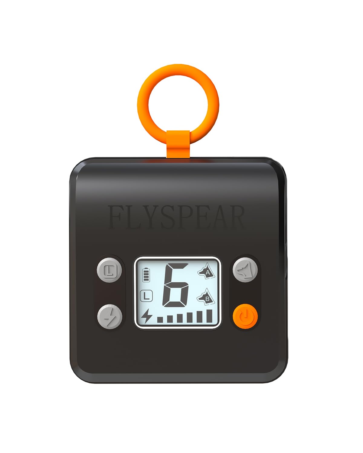 FLYSPEAR transmitter with hook for easy wall placement and flexible room setup.