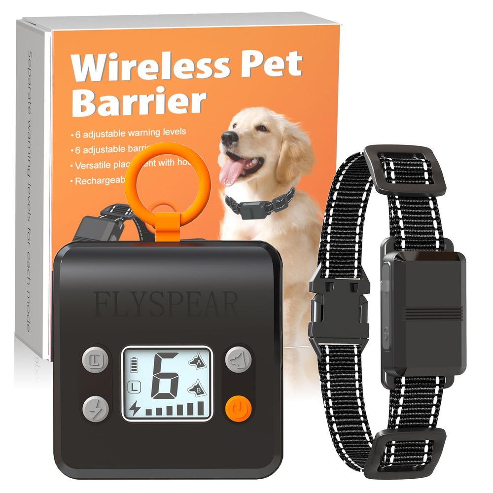 Flyspear wireless pet barrier with hook in black enables portable room-to-room boundary.
