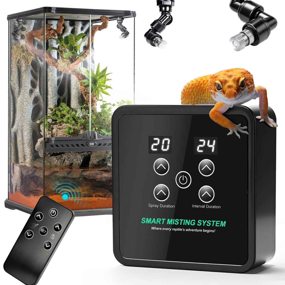 FMATOZ Reptile Mister System front view for compact terrarium setup and easy installation.