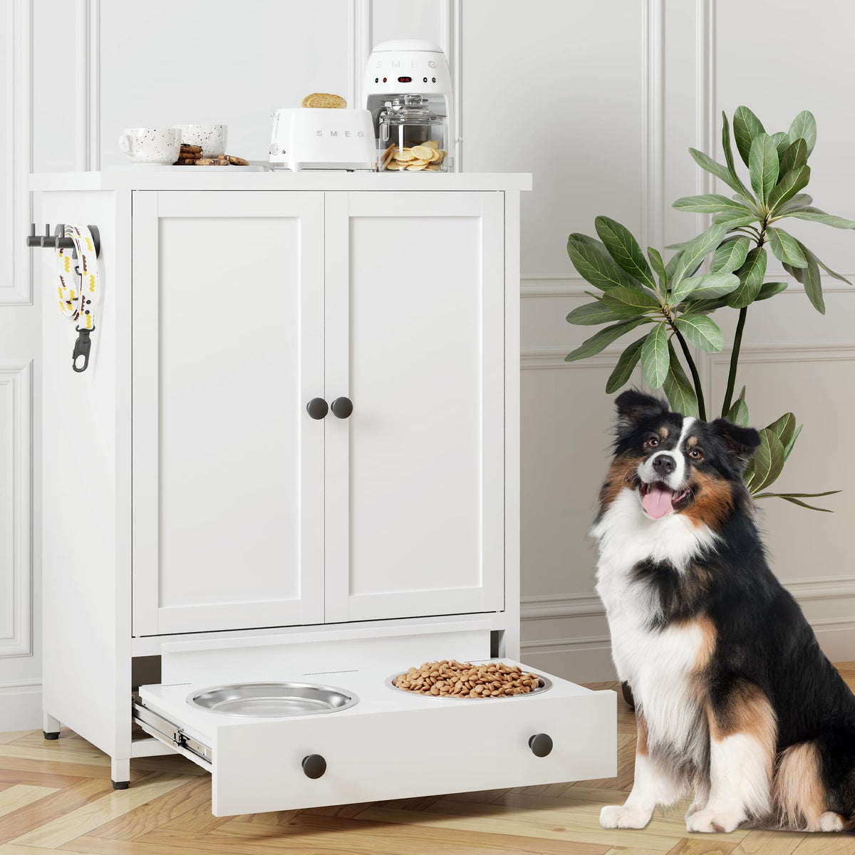 Fmlud dog feeding station with metal drawer bowls for easy, mess-free meals.