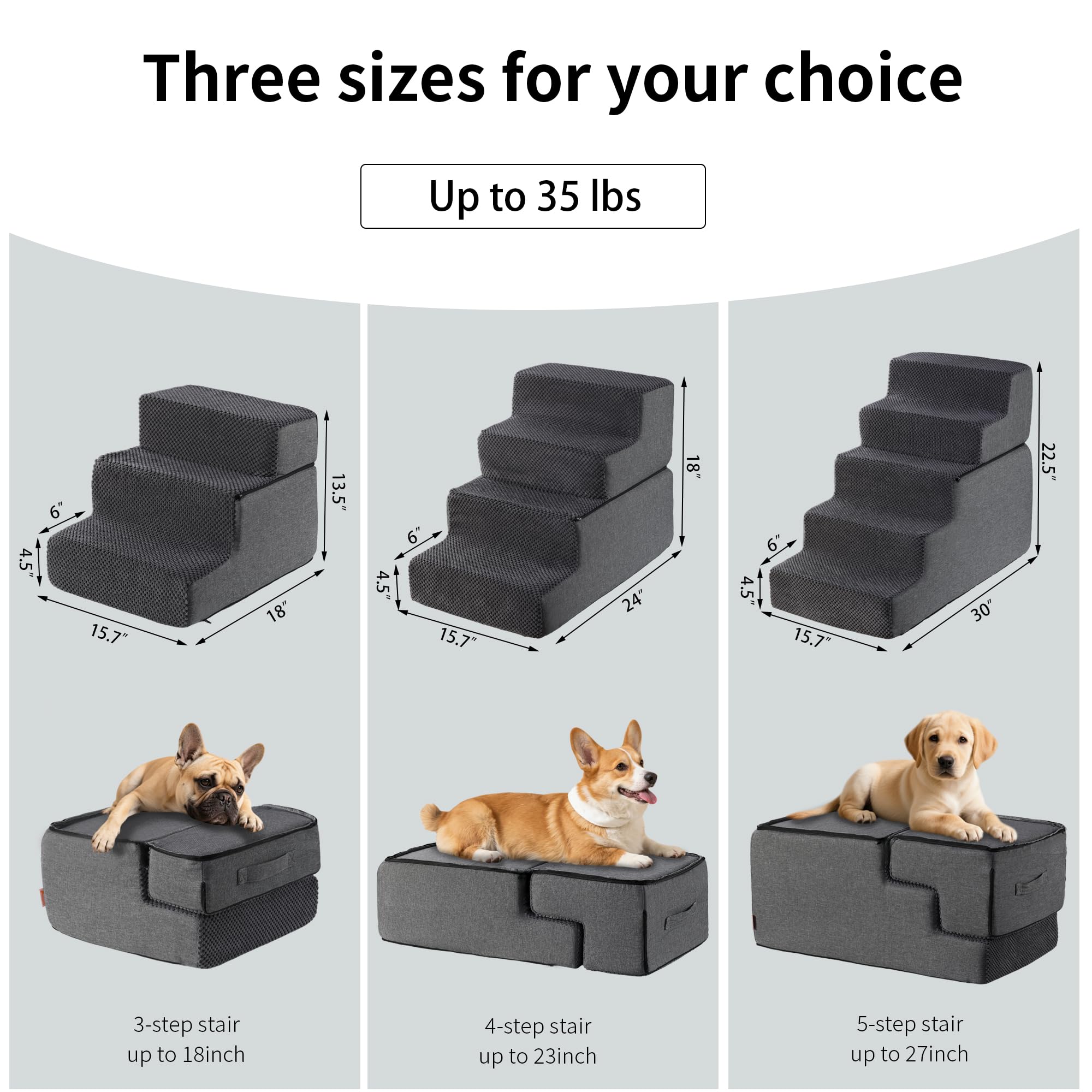 Foamalusion dog stairs side profile demonstrates compact height for sofa and chair use.