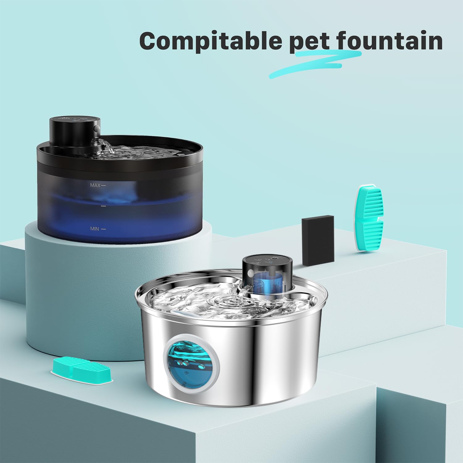 FOFNON cat fountain filter in use showing water circulation for hydration.