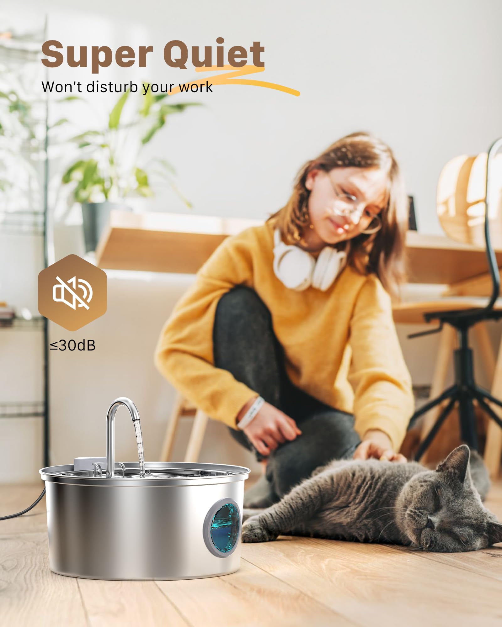 FOFNON cat water fountain water-flow-movement illustrates natural trickle to attract drinking.