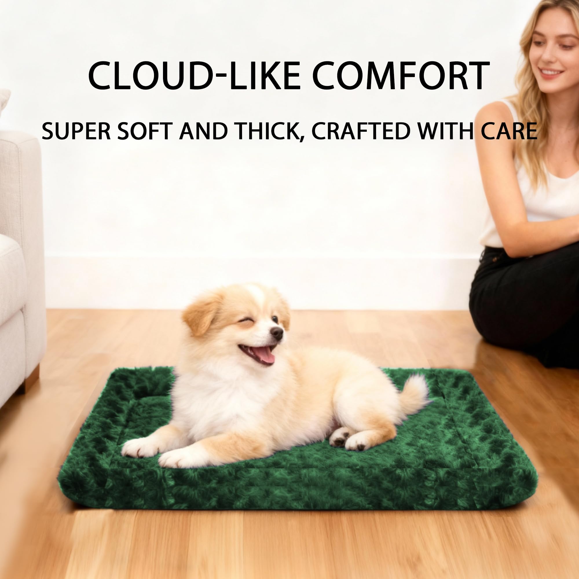 Fogkiss dog mat in crate demonstrates crate-friendly comfort and secure placement