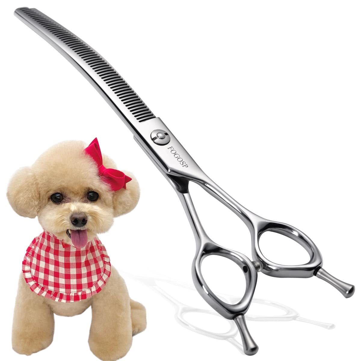 FOGOSP curved thinning shears 7.5-inch blade closeup shows 66 V teeth for even texture.