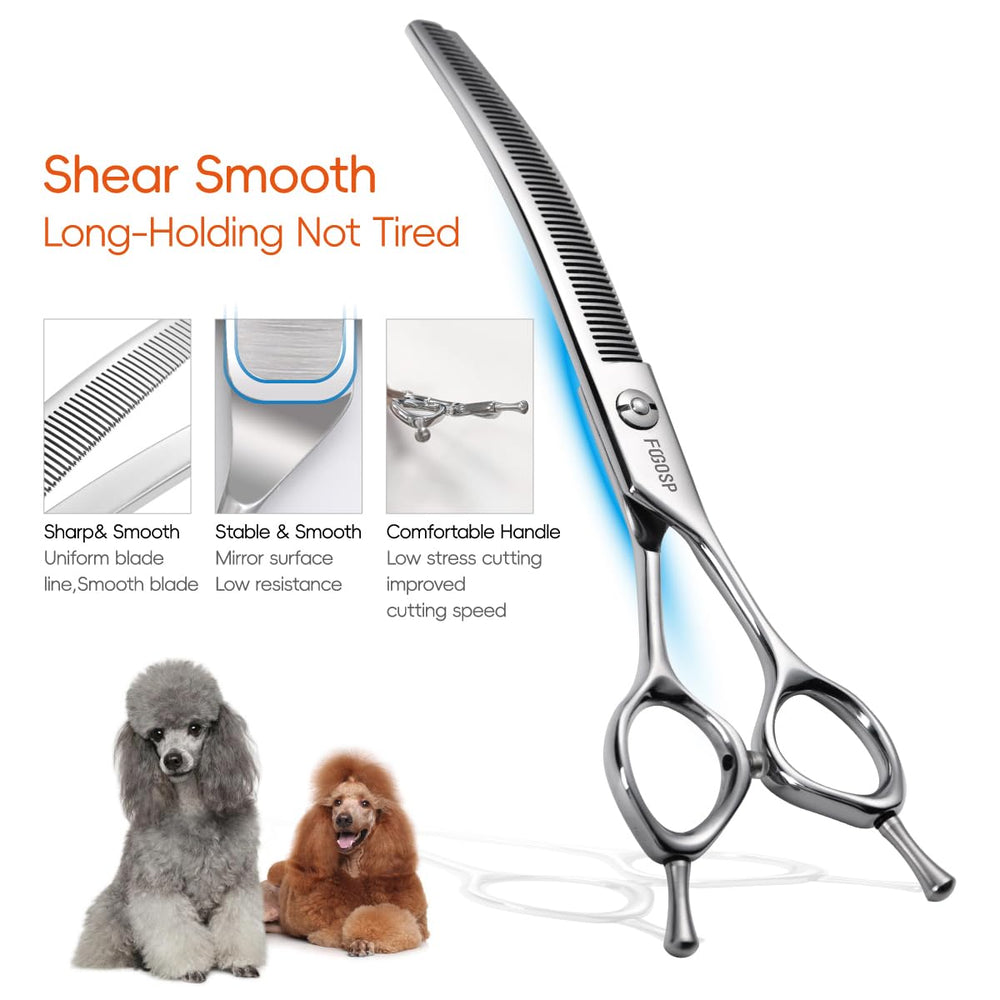 FOGOSP curved thinning shears convex-edge closeup shows clean, controlled cuts.
