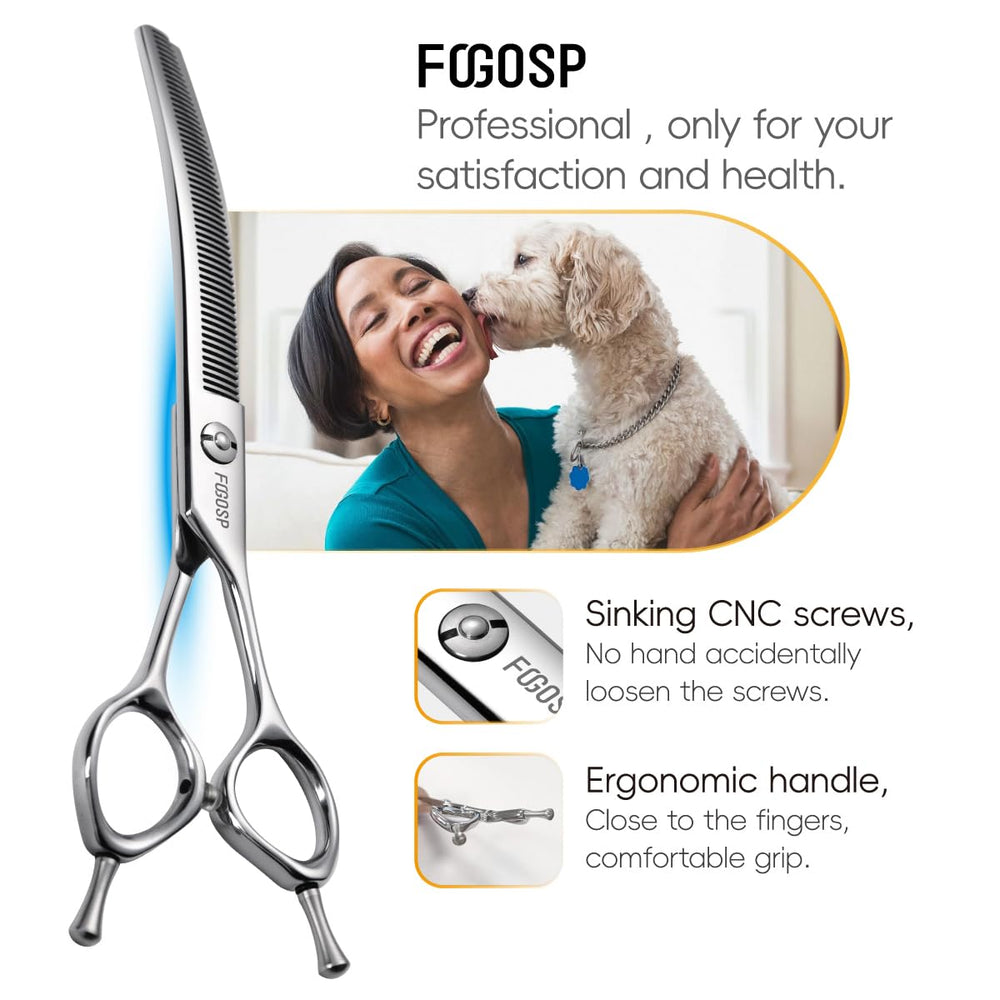 FOGOSP curved thinning shears body-length canine use shows versatility for large pets.