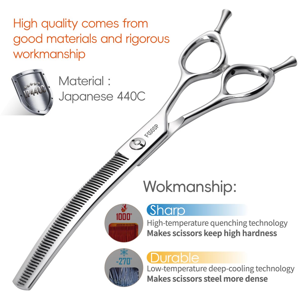 FOGOSP curved thinning shears face-ear-use angle indicates suitability for sensitive areas.