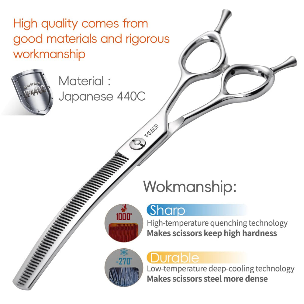 FOGOSP curved thinning shears face-ear-use angle indicates suitability for sensitive areas.